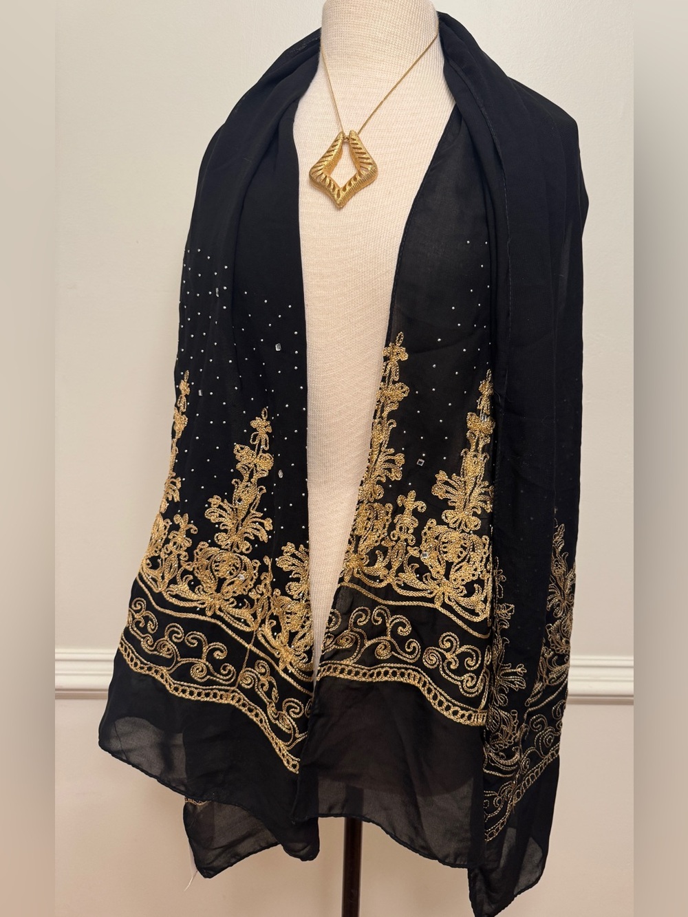NWT Jessica McClintock Black Gold Scarf Whimsigoth Vamp